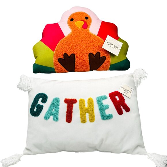 Decorative Pillows Thanksgiving Turkey & Gather Multi-Color Holiday 2-Pack New - Picture 1 of 4